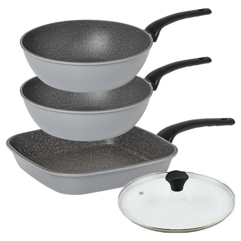 인터쿡 퀸센스 인터 후라이팬 3종 + 유리뚜껑 세트, 그레이, 1세트, 사각팬 27cm + 궁중팬 24cm 2p + 유리뚜껑 24cm