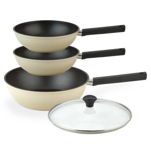퀸센스 샌드 후라이팬 3종 + 유리뚜껑 세트, 베이지, 1세트, 궁중팬 24cm + 궁중팬 24cm + 궁중팬 28cm + 유리뚜껑 28cm