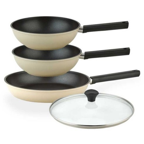 퀸센스 샌드 후라이팬 3종 + 유리뚜껑 세트, 베이지, 1세트, 후라이팬 28cm + 궁중팬 24cm + 궁중팬 24cm + 유리뚜껑 28cm