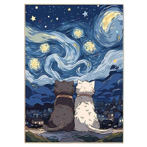 쿠미핸즈 별이 빛나는 고양이 캔버스형 보석십자수, 40 x 60 cm, 1개