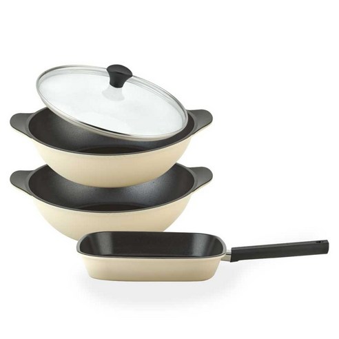 퀸센스 샌드 후라이팬 3종 + 유리뚜껑 세트, 베이지, 1세트, 사각팬 27cm + 파티웍 28cm + 파티웍 28cm + 유리뚜껑 28cm