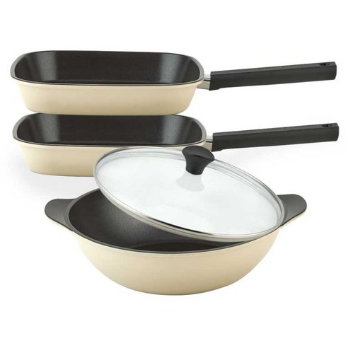 퀸센스 샌드 후라이팬 3종 + 유리뚜껑 세트, 베이지, 1세트, 사각팬 27cm + 사각팬 27cm + 파티웍 28cm + 유리뚜껑 28cm