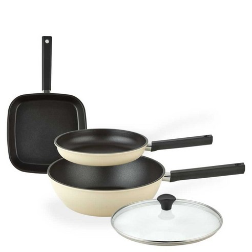 퀸센스 샌드 후라이팬 3종 + 유리뚜껑 세트, 베이지, 1세트, 사각팬 27cm + 후라이팬 24cm + 궁중팬 28cm + 유리뚜껑 28cm