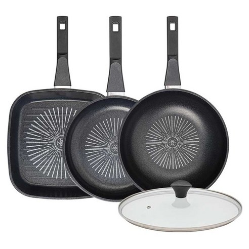 인터쿡 클래식 후라이팬 세트 4개, 블랙, 1세트, 27cm 사각팬 + 24cm 후라이팬 + 28cm 궁중팬 + 유리뚜껑