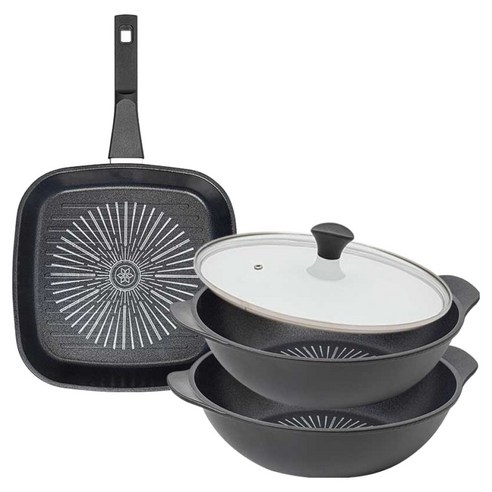 인터쿡 클래식 후라이팬 세트 4개, 블랙, 1세트, 사각팬 27cm + 파티웍 28cm + 파티웍 28cm + 유리뚜껑