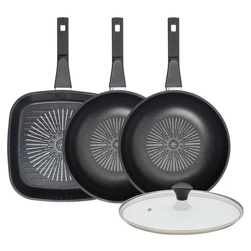 인터쿡 클래식 후라이팬 세트 4개, 블랙, 1세트, 27cm 사각팬 + 28cm 궁중팬 + 28cm 궁중팬 + 유리뚜껑
