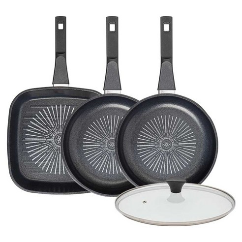 인터쿡 클래식 후라이팬 세트 4개, 블랙, 1세트, 27cm 사각팬 + 24cm 후라이팬 + 24cm 후라이팬 + 유리뚜껑