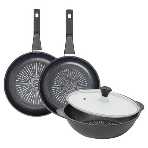 인터쿡 클래식 후라이팬 세트 4개, 블랙, 1세트, 후라이팬 28cm + 후라이팬 24cm + 파티웍 28cm + 유리뚜껑