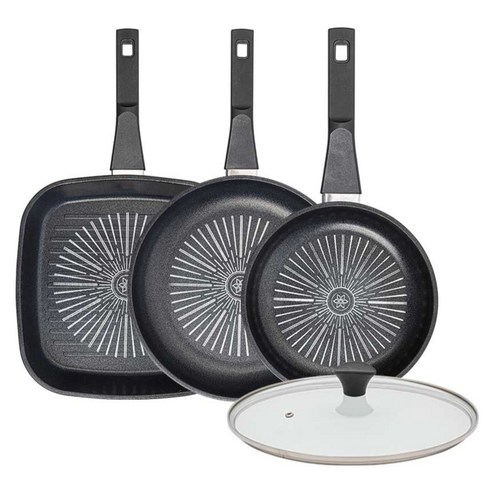 인터쿡 클래식 후라이팬 세트 4개, 블랙, 1세트, 27cm 사각팬 + 28cm 후라이팬 + 20cm 후라이팬 + 유리뚜껑