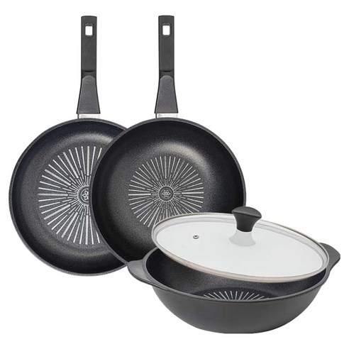 인터쿡 클래식 후라이팬 세트 4개, 블랙, 1세트, 28cm 후라이팬 + 28cm 궁중팬 + 28cm 파티웍 + 유리뚜껑