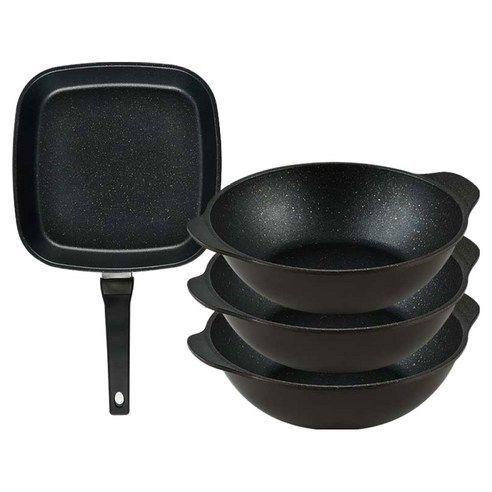 퀸센스 디너 후라이팬 세트 4개, 브라운, 1세트, 사각팬 27cm + 파티웍 28cm 2p + 파티웍 28cm