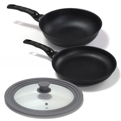 키친아트 자이언트 블랙에디션 궁중팬 28cm + 후라이팬 28cm + 실리콘 멀티 커버 세트, 그레이(커버), 1세트, 후라이팬 + 궁중팬 + 실리콘 멀티 커버