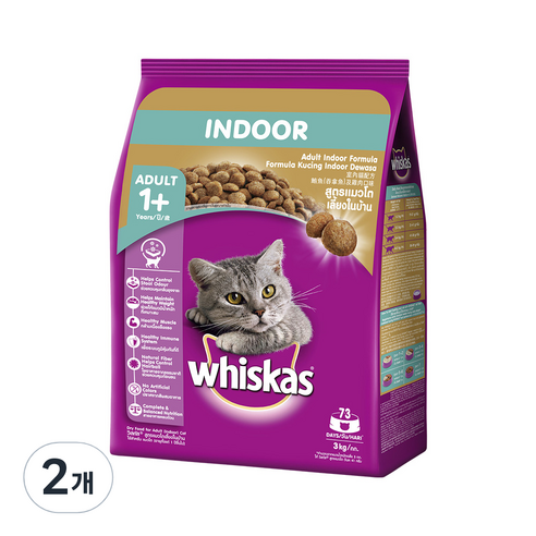 위스카스 전연령용 고양이 포켓 실내묘용 건식사료, 곡물, 3kg, 2개
