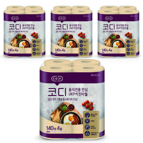 코디 음식전용 안심 천연펄프 키친타월 140매, 16개