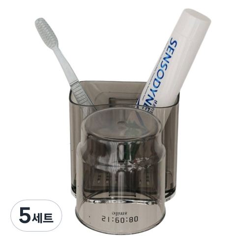 리빙공감 티스 부착형 칫솔꽂이 양치컵 세트, 5세트, 투명그레이