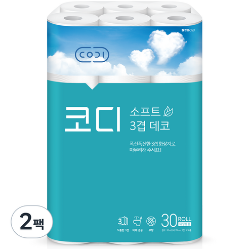 코디 3겹 소프트 데코 화장지 30m, 30개입, 2개