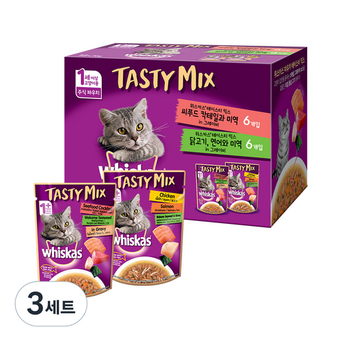 위스카스 테이스티믹스 주식파우치 씨푸드 칵테일과 미역 6p + 닭고기 연어와 미역 6p, 닭, 840g, 3세트