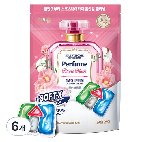 해피홈 파워캡슐 올인원 세제 소프트엑스 블랑머스크, 30개입, 6개