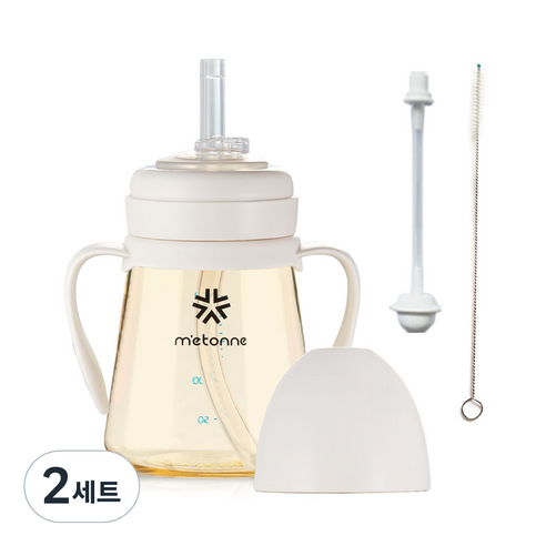 메똔느 PPSU NEW M3 빨대컵 200ml + 추 빨대 + 세척솔, 2세트, 아이보리