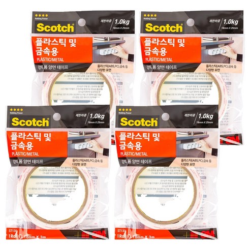 3M 스카치 플라스틱 금속용 폼 양면테이프 18mm x 3m, 4개