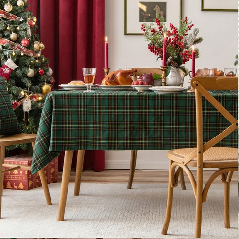 맑음 크리스마스 식탁보 분위기업 감성 테이블보, 그린옐로우체크, 90 x 90 cm
