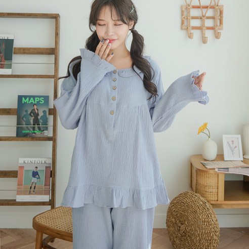 테라우드 여성용 거즈순면 긴팔 잠옷 상하세트