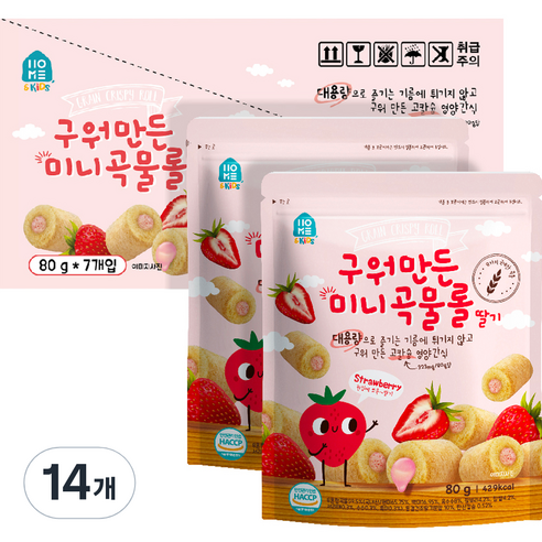 홈앤키즈 구워만든 미니곡물롤 딸기 80g, 14개, 딸기맛