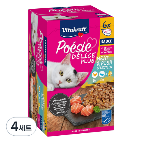 비타크래프트 고양이 델리스 플러스 멀티팩 하트캔 2종 x 3p 세트, 닭+연어, 510g, 4세트