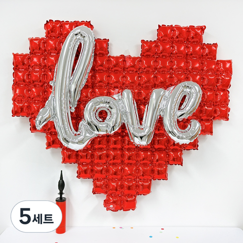 리빙다 러브 하트 풍선 세트, 실버 + 레드, 5세트