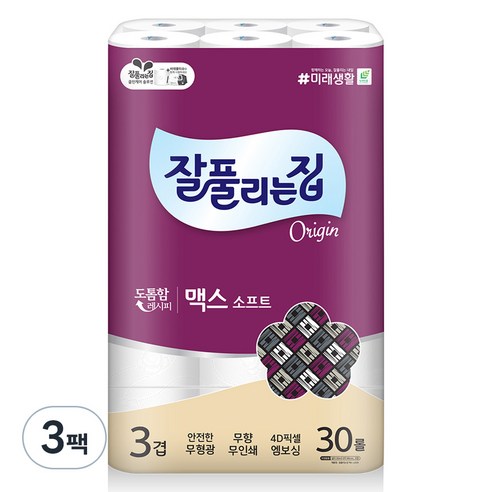잘풀리는집 3겹 맥스소프트 화장지 30m, 30개입, 3개