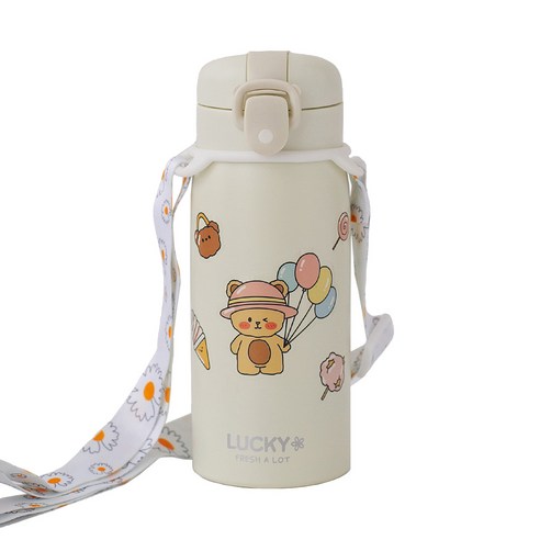 프레쉬어랏 럭키 원터치 보온보냉 텀블러 세트 (크림, 350ml) + 스티커 + 스트랩