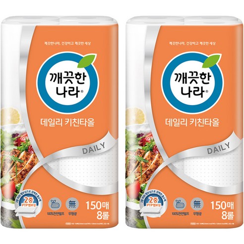 깨끗한나라 데일리 천연펄프 키친타올 150매, 8롤, 2팩