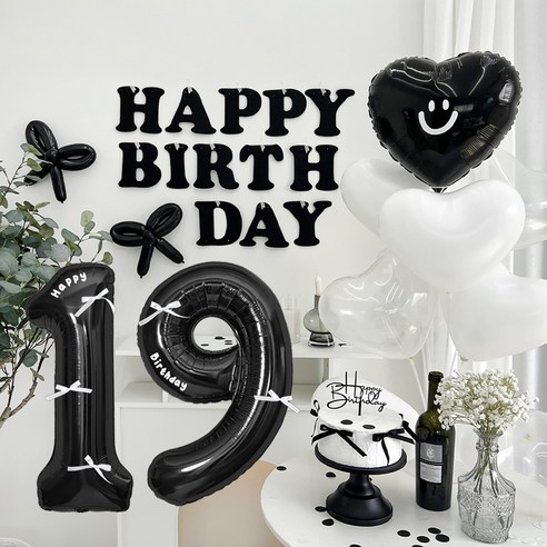 HBD 레터링 하트 파티 세트, 블랙 19, 1세트