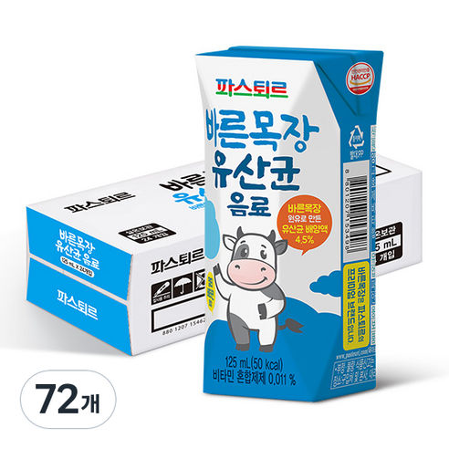 파스퇴르 바른목장 유산균 음료, 125ml, 72개