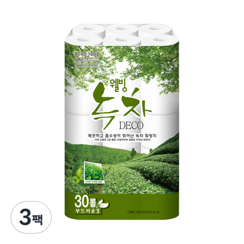 수목제지 웰빙녹차 3겹데코 화장지 25m, 30롤, 3팩