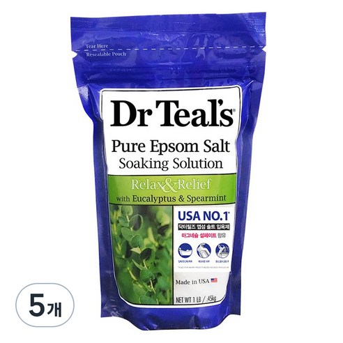 닥터틸즈 퓨어 엡섬 솔트 소킹 솔루션 입욕제 유칼립투스&스피아민트향, 450g, 5개
