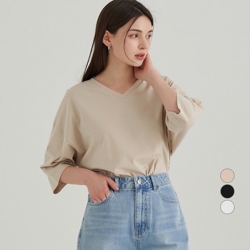 ELLE PARIS 오버핏 브이넥 7부 티셔츠