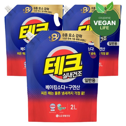 테크 베이킹소다 플러스 구연산 실내건조 액체세제 일반 리필, 2L, 3개