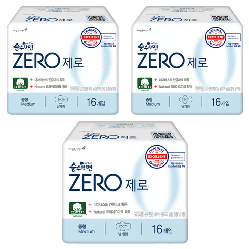 순수한면 제로 순면 뉴 생리대 날개형 중형 × 16개입 × 3개, 사이즈 × 개당 수량 × 수량 섬네일