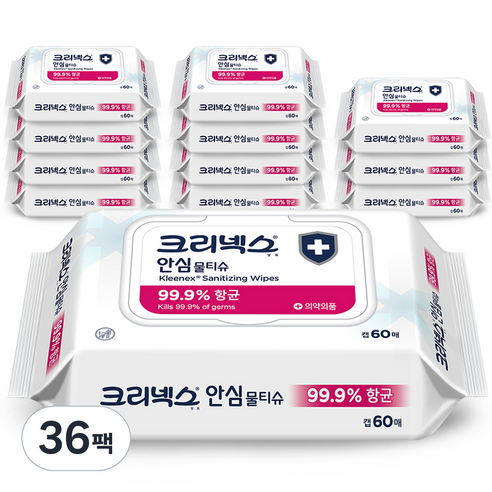 크리넥스 안심 물티슈 캡형, 60매, 36팩