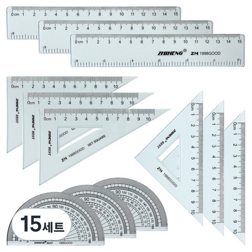 ZHIHENG 각도기 + 삼각자 2종 + 자 15cm 세트, 혼합색상, 15세트