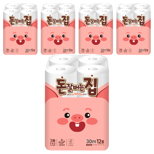 돈잘버는집 3겹 롤화장지, 30m, 12개입, 5개