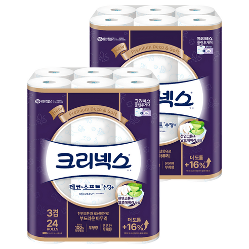 크리넥스 데코 앤 소프트 수딩플러스 천연펄프 3겹 고급롤화장지, 27m, 24개입, 2개
