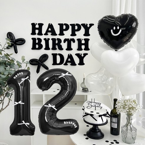 HBD 레터링 하트 파티 세트, 블랙 12, 1세트