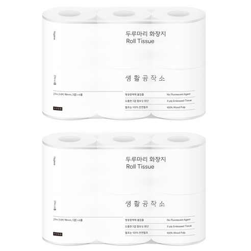 생활공작소 두루마리 천연펄프 3겹 고급롤화장지, 27m, 6개입, 2개