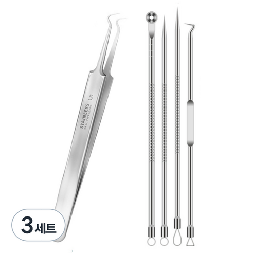 포근상점 블랙헤드 압출기 피지 핀셋 곡선, 3세트, 은색