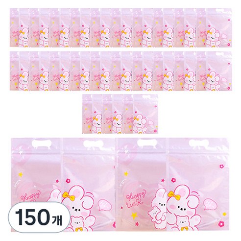 미미파티 감성 귀여운 구디백 손잡이 지퍼백 포장 봉투, 핑크토끼, 150개