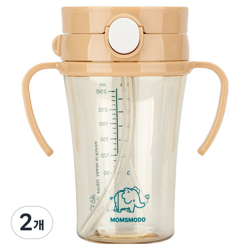맘스모도 유아용 세척편한 이지 PPSU 원터치 빨대컵 250ml, 2개, 코끼리 베이지