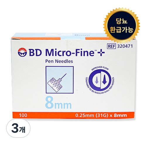 벡톤디킨슨 마이크로 파인 인슐린 펜니들 8mm 31g, 3개, 100개입