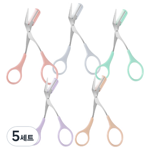 해피제이 아이브로우 눈썹정리 빗 달린 눈썹가위 5종 세트, 5세트, 민트, 그레이, 퍼플, 코랄, 옐로우
